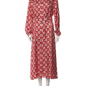 Lisou Red Fern 100% Silk Dress Geometric Long Sleeve Dress